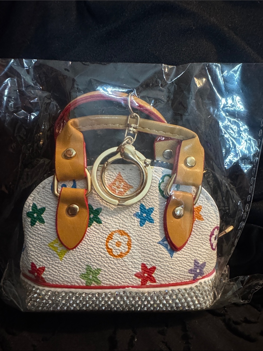 White Multicolor Patterned Women's Satchel Bag large keychain